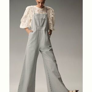 NWT Anthropologie Self Contrast Lanie Railroad Stripe Wide Leg Overalls